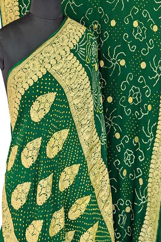 Green Bandhani Rai Bandhej Pure Georgette Saree - Luxurion World