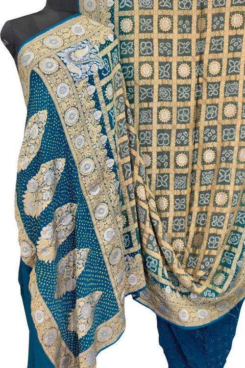 Blue Bandhani Bandhej Pure Georgette Sona Roopa Saree - Luxurion World