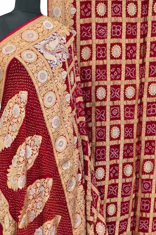 Red Bandhani Bandhej Pure Georgette Sona Roopa Saree - Luxurion World