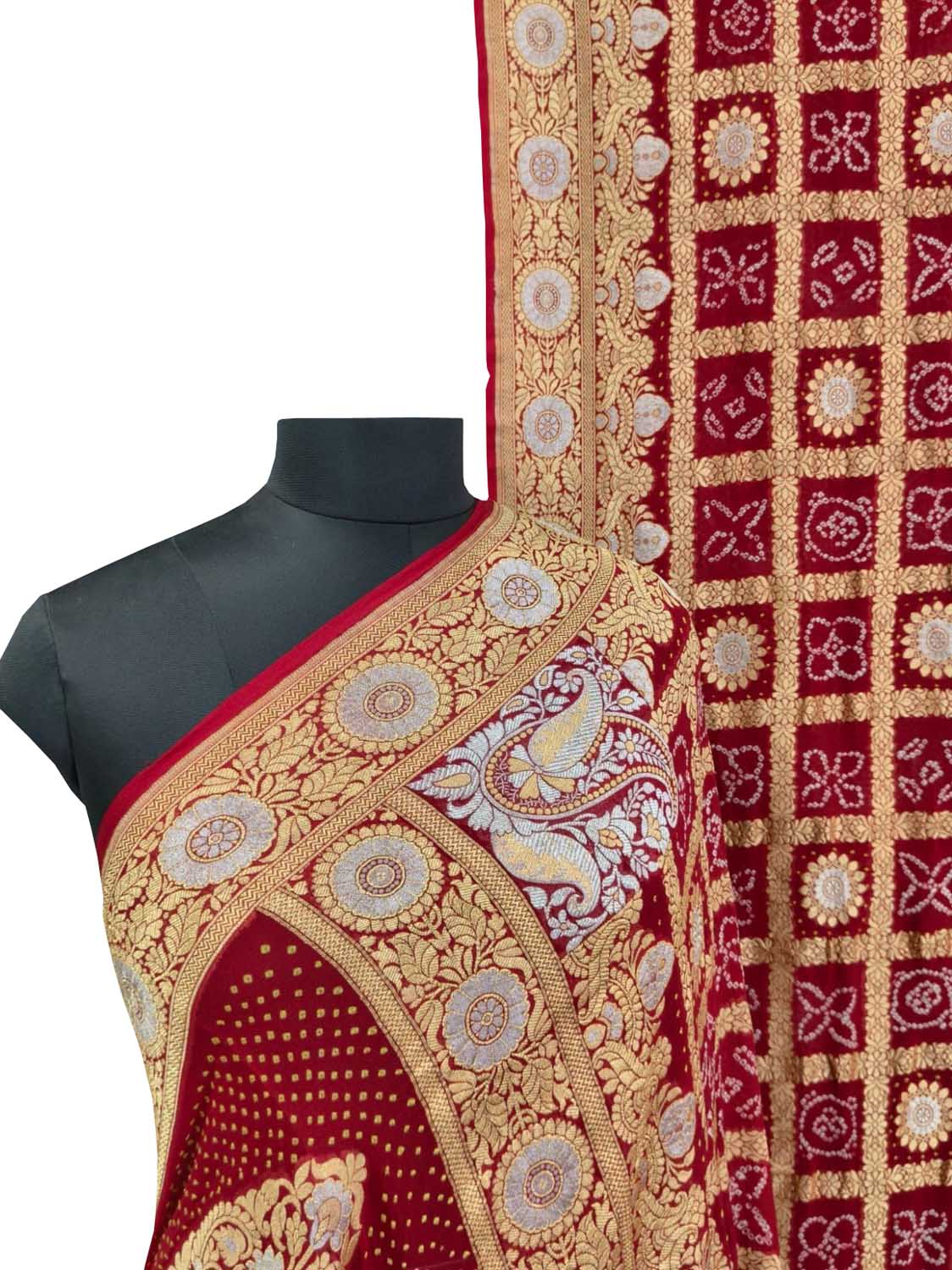 Red Bandhani Bandhej Pure Georgette Sona Roopa Saree - Luxurion World