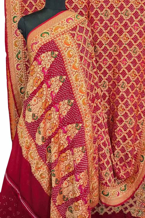 Stunning Pink Bandhani Bandhej Pure Georgette Meenakari Saree - Luxurion World
