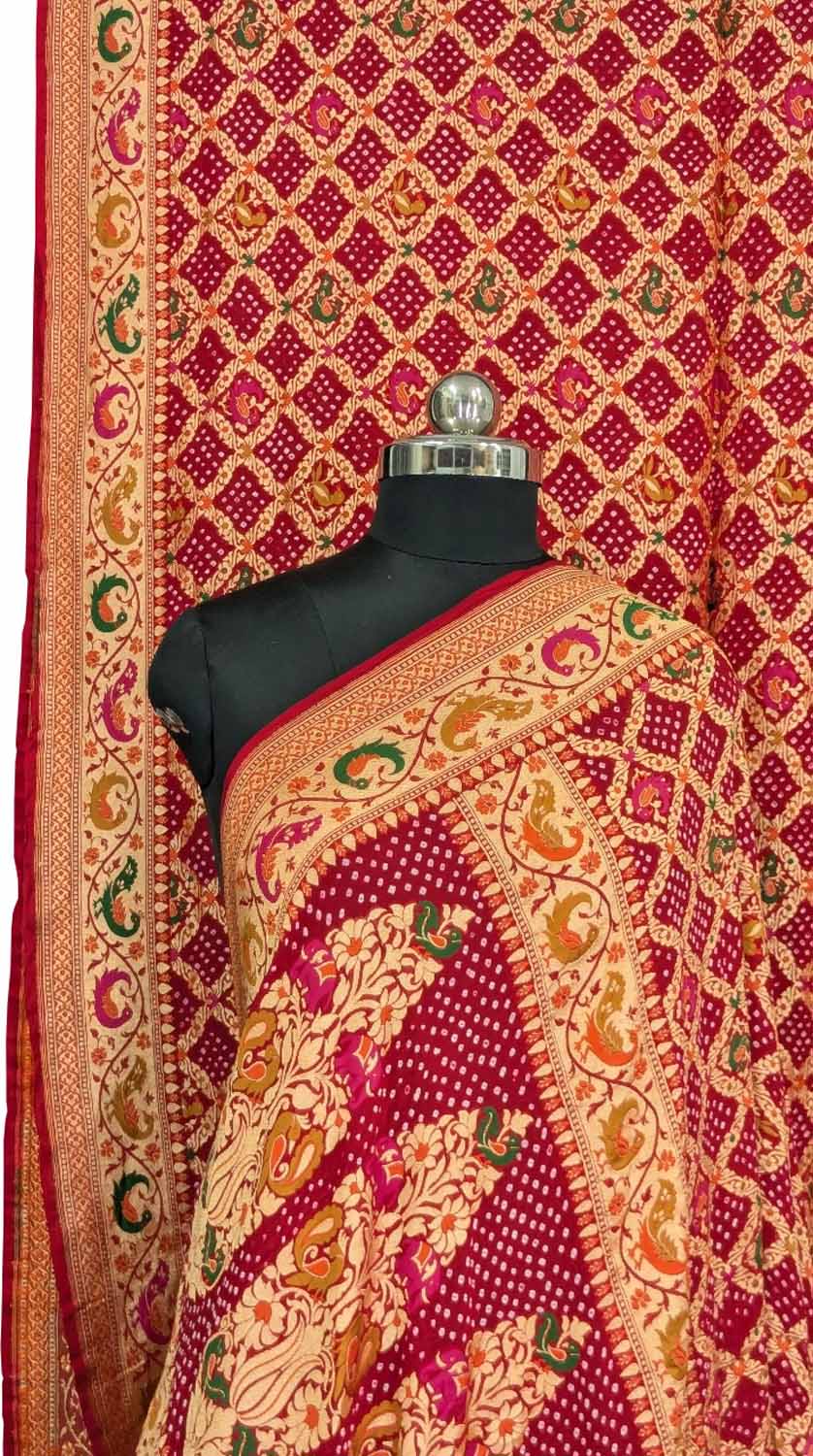 Stunning Pink Bandhani Bandhej Pure Georgette Meenakari Saree - Luxurion World