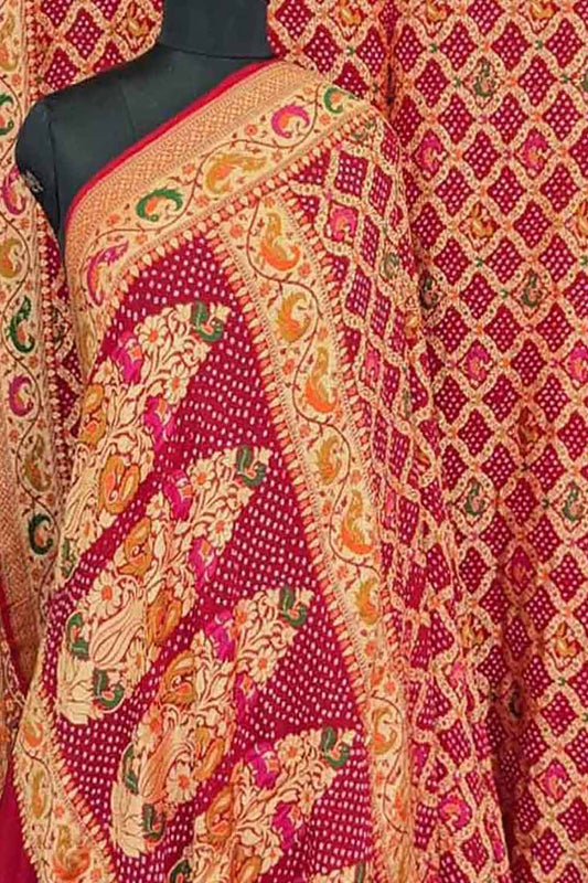 Stunning Pink Bandhani Bandhej Pure Georgette Meenakari Saree - Luxurion World