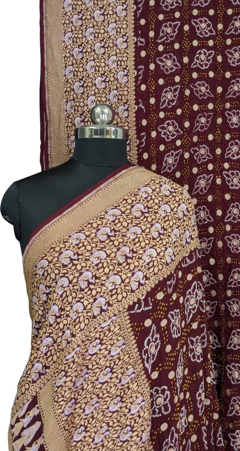 Elegant Maroon Bandhani Bandhej Pure Georgette Sona Roopa Saree - Luxurion World