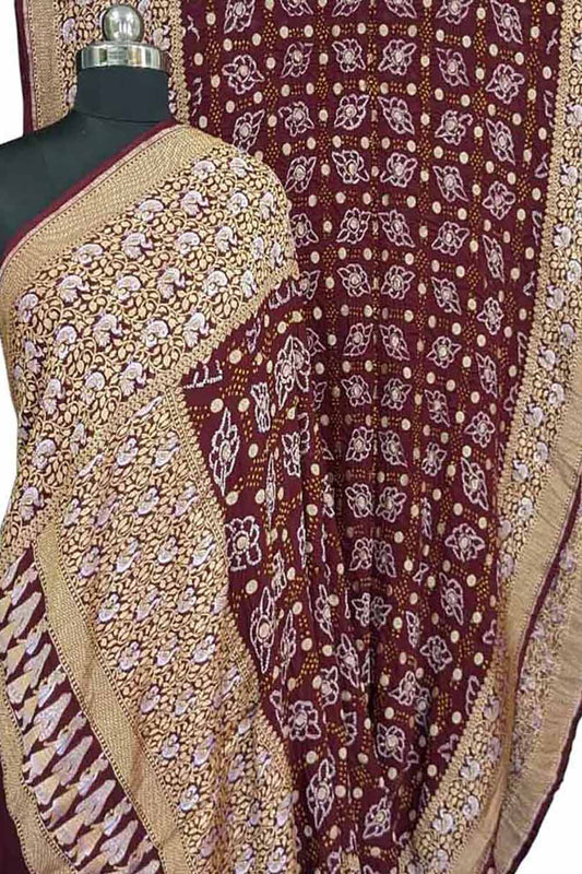 Elegant Maroon Bandhani Bandhej Pure Georgette Sona Roopa Saree - Luxurion World