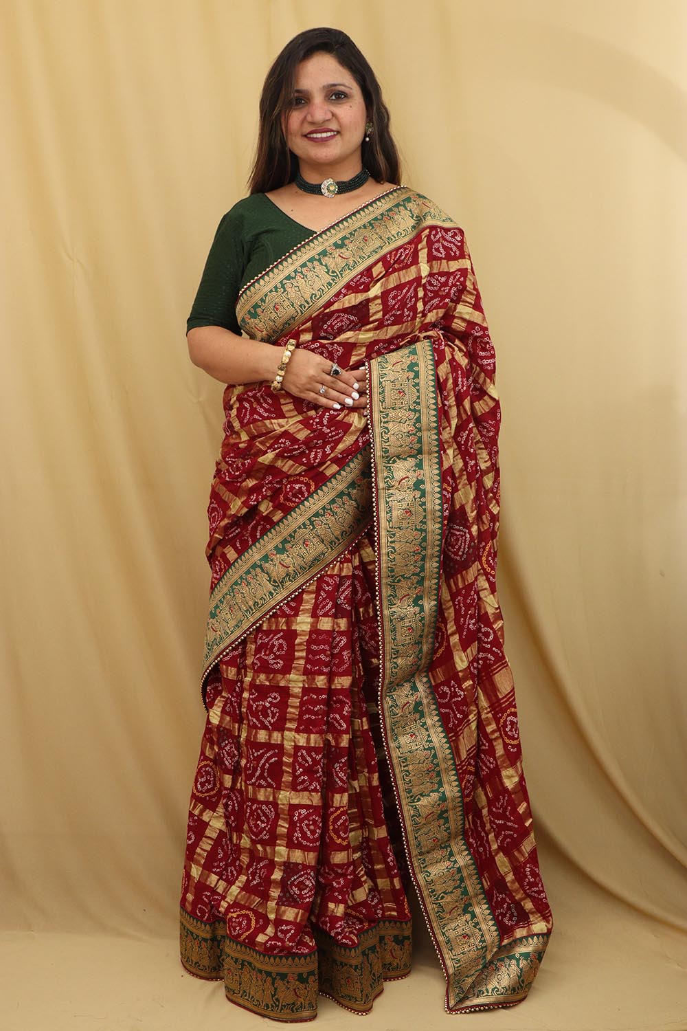 Maroon Bandhani Gharchola Madhurai Cotton Baraat Design Border Saree - Luxurion World