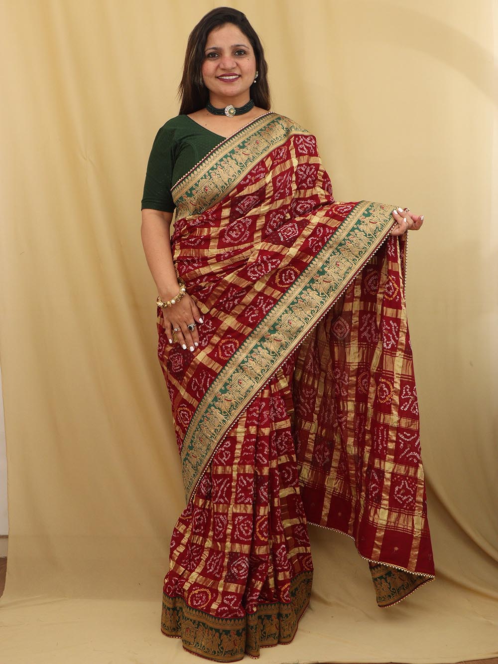 Maroon Bandhani Gharchola Madhurai Cotton Baraat Design Border Saree - Luxurion World