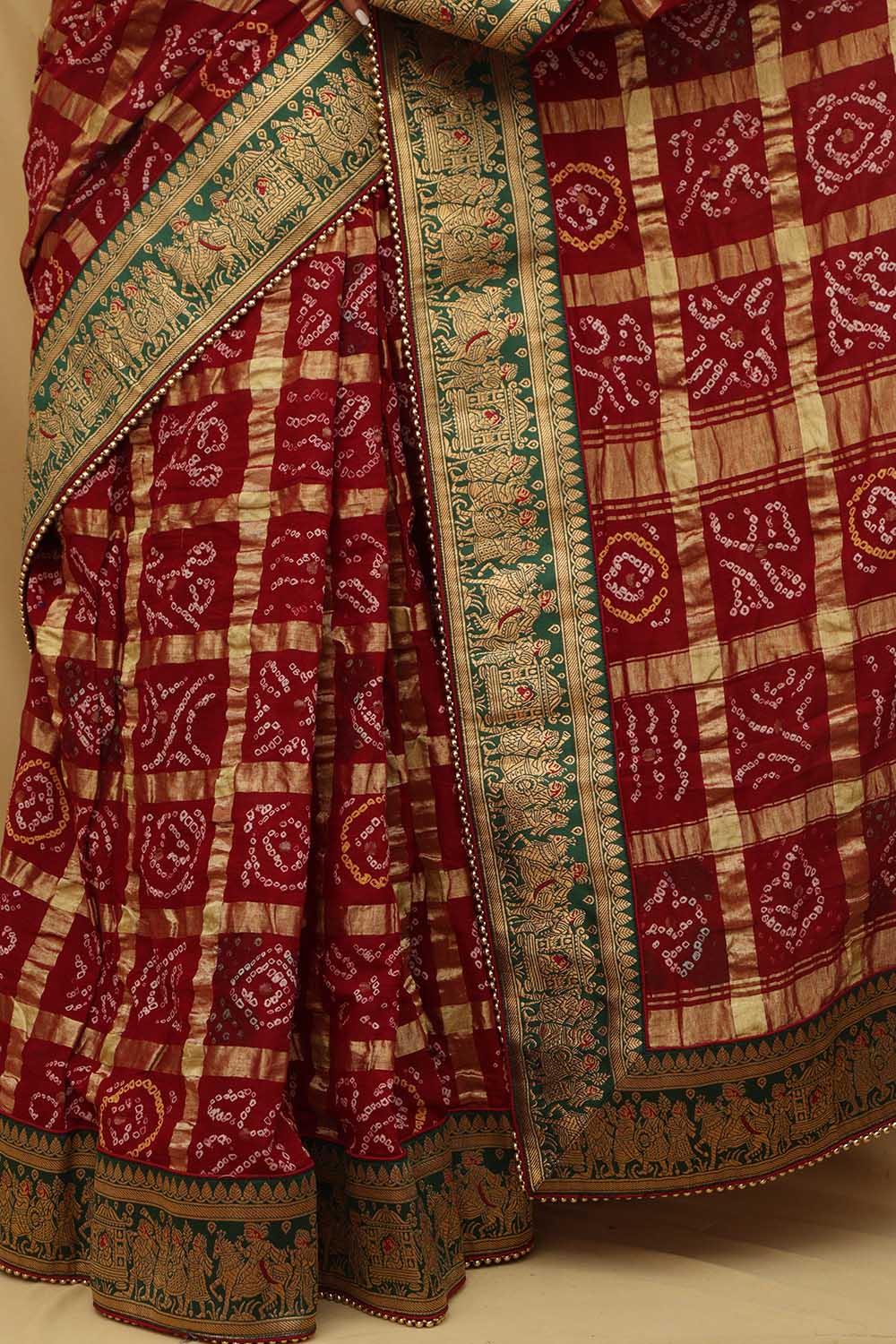 Maroon Bandhani Gharchola Madhurai Cotton Baraat Design Border Saree - Luxurion World