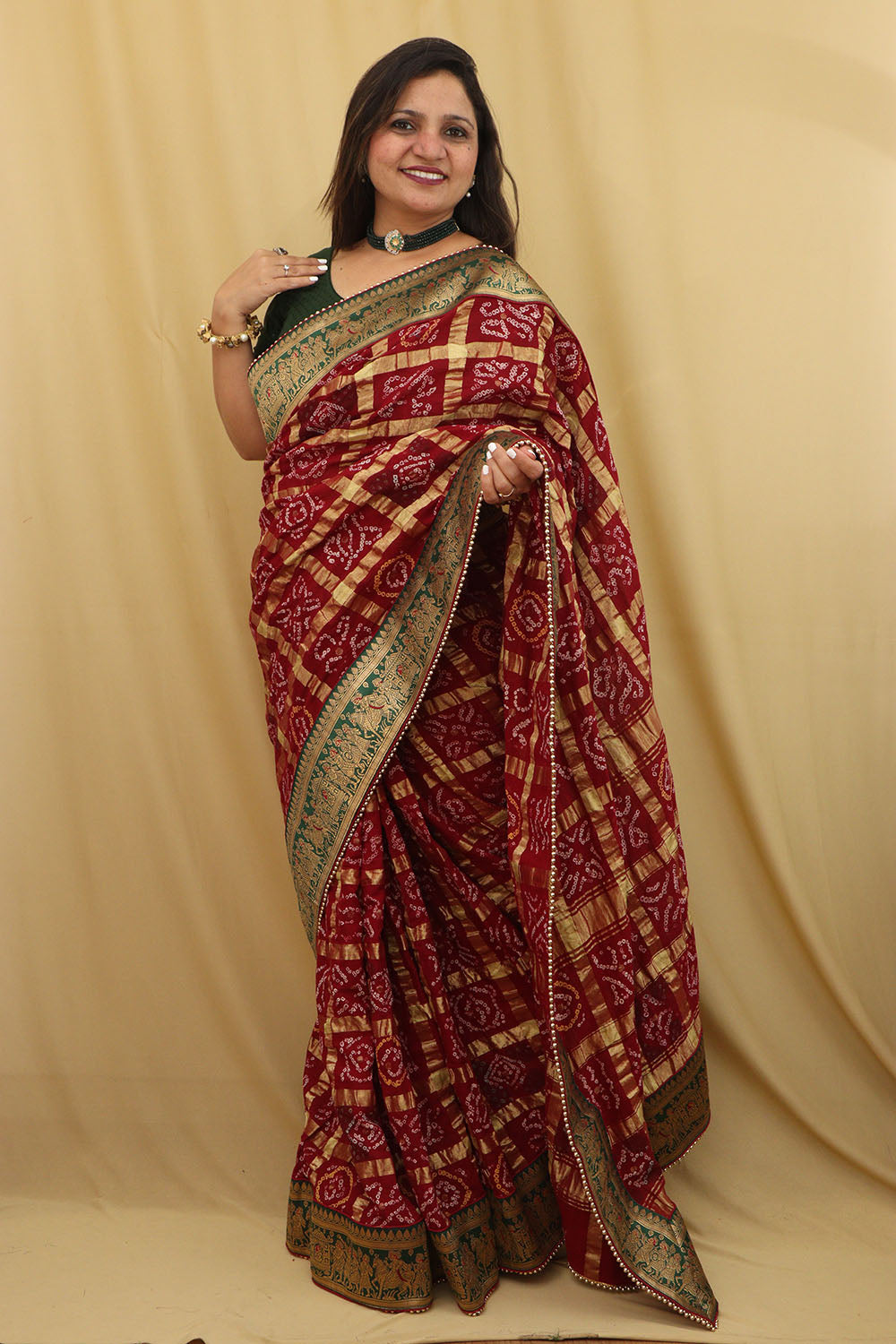 Maroon Bandhani Gharchola Madhurai Cotton Baraat Design Border Saree - Luxurion World