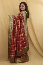 Maroon Bandhani Gharchola Madhurai Cotton Baraat Design Border Saree - Luxurion World