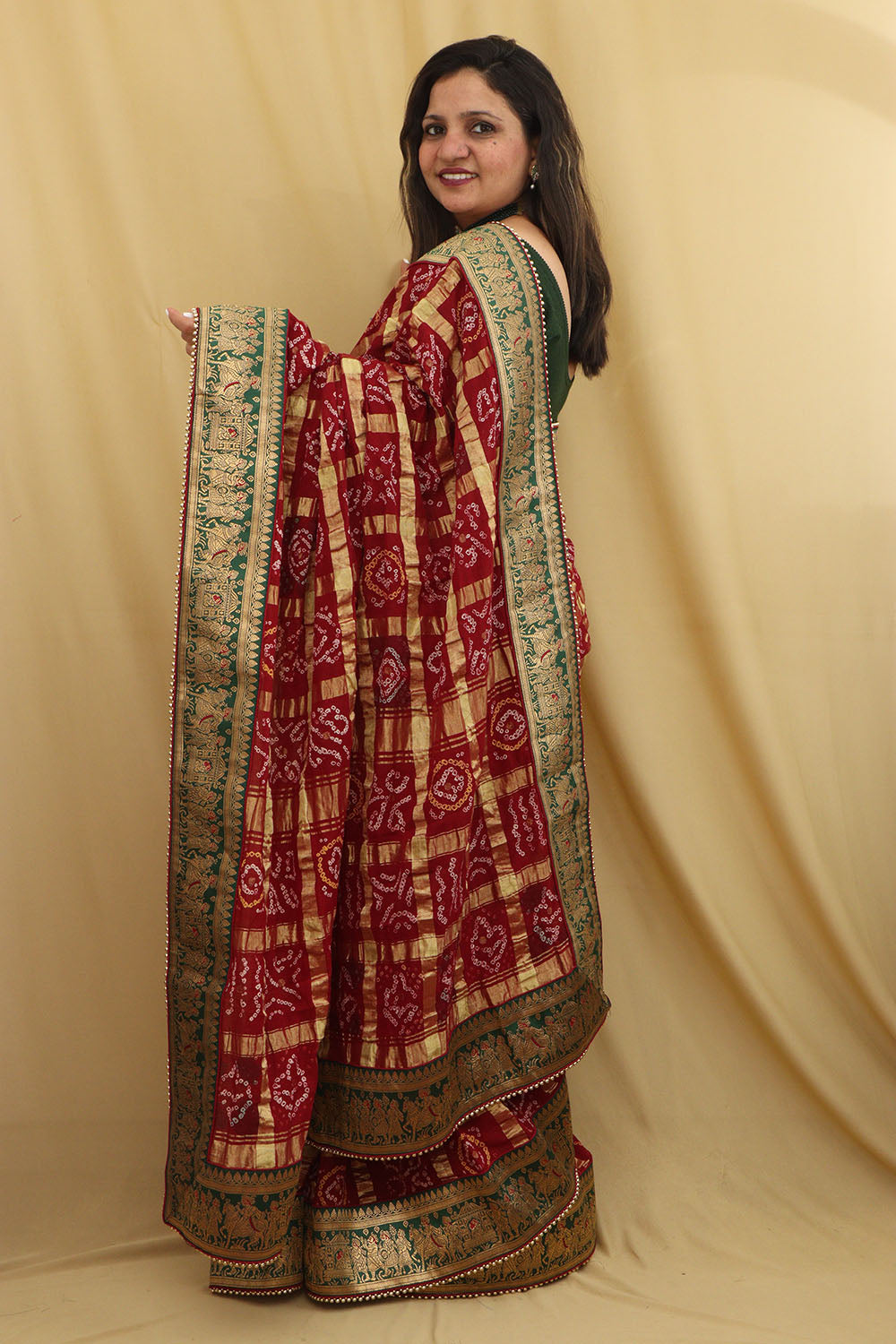Maroon Bandhani Gharchola Madhurai Cotton Baraat Design Border Saree - Luxurion World
