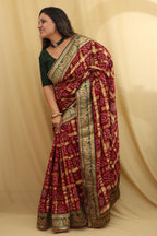 Maroon Bandhani Gharchola Madhurai Cotton Baraat Design Border Saree - Luxurion World