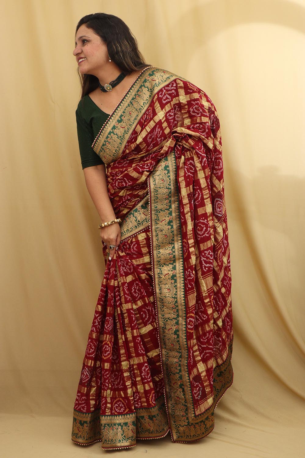 Maroon Bandhani Gharchola Madhurai Cotton Baraat Design Border Saree - Luxurion World