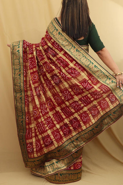 Maroon Bandhani Gharchola Madhurai Cotton Baraat Design Border Saree - Luxurion World