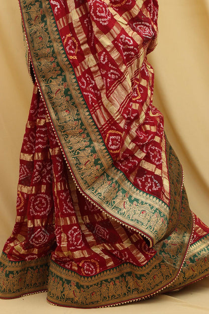 Maroon Bandhani Gharchola Madhurai Cotton Baraat Design Border Saree - Luxurion World