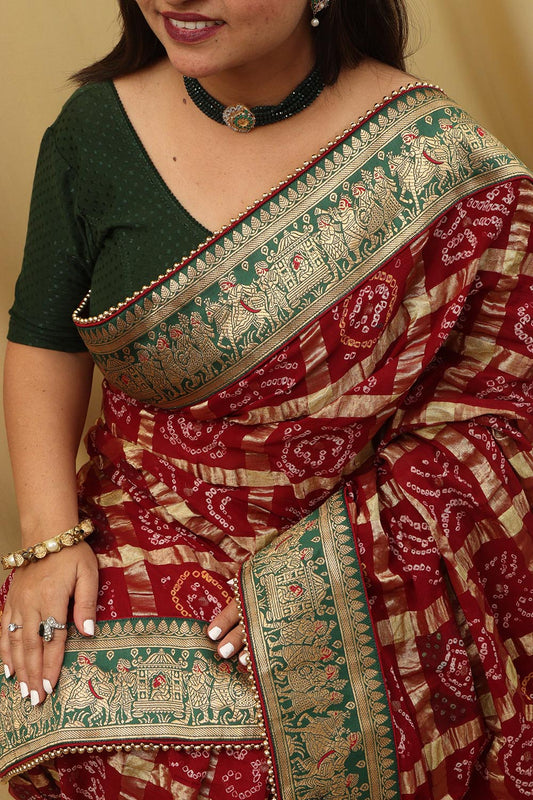 Maroon Bandhani Gharchola Madhurai Cotton Baraat Design Border Saree - Luxurion World