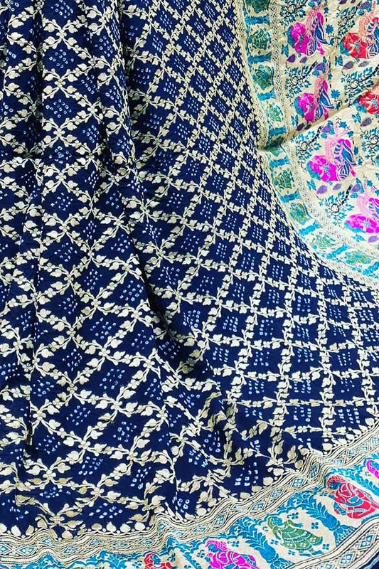 Blue Banarasi Bandhani Pure Georgette Meenakari Saree - Luxurion World
