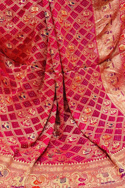 Pink Banarasi Bandhani Pure Georgette Meenakari Saree - Luxurion World