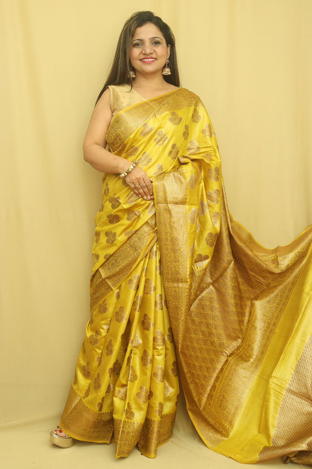 Yellow Bhagalpur Tussar Moonga Silk Saree - Luxurion World