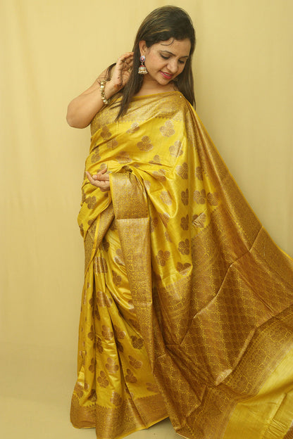 Yellow Bhagalpur Tussar Moonga Silk Saree - Luxurion World