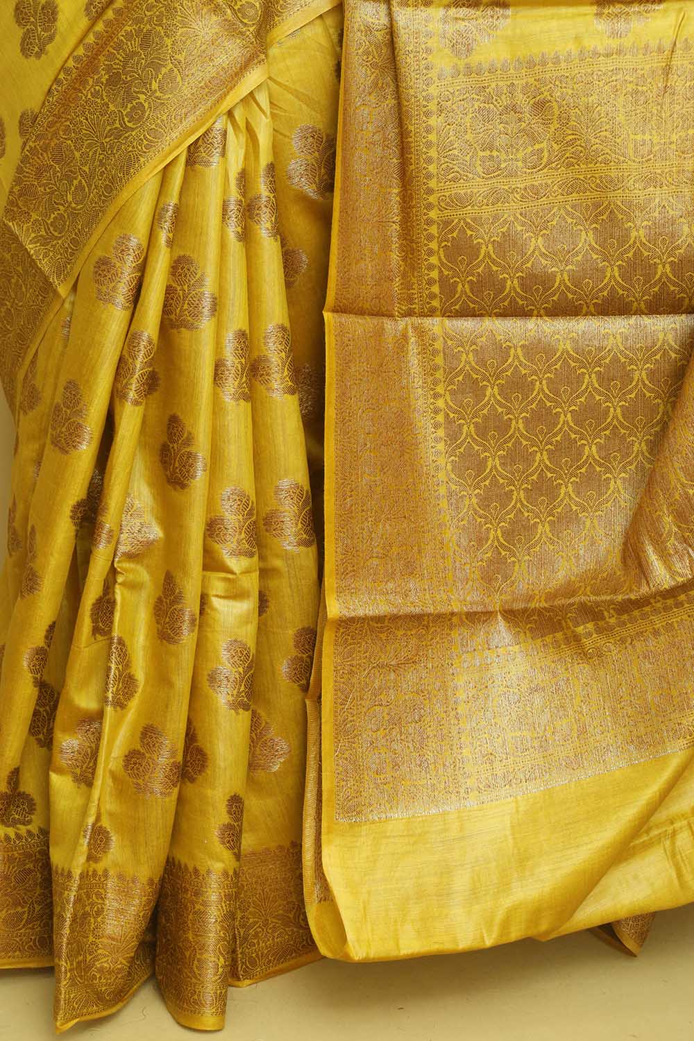 Yellow Bhagalpur Tussar Moonga Silk Saree - Luxurion World