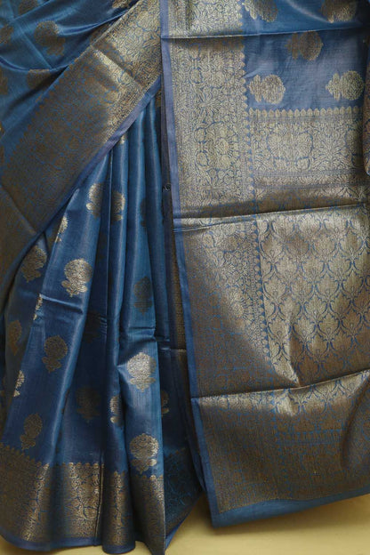 Blue Bhagalpur Tussar Moonga Silk Saree - Luxurion World