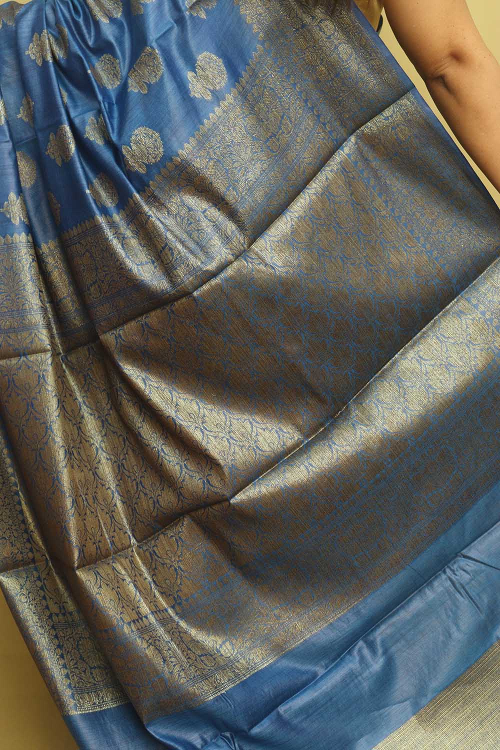 Blue Bhagalpur Tussar Moonga Silk Saree - Luxurion World