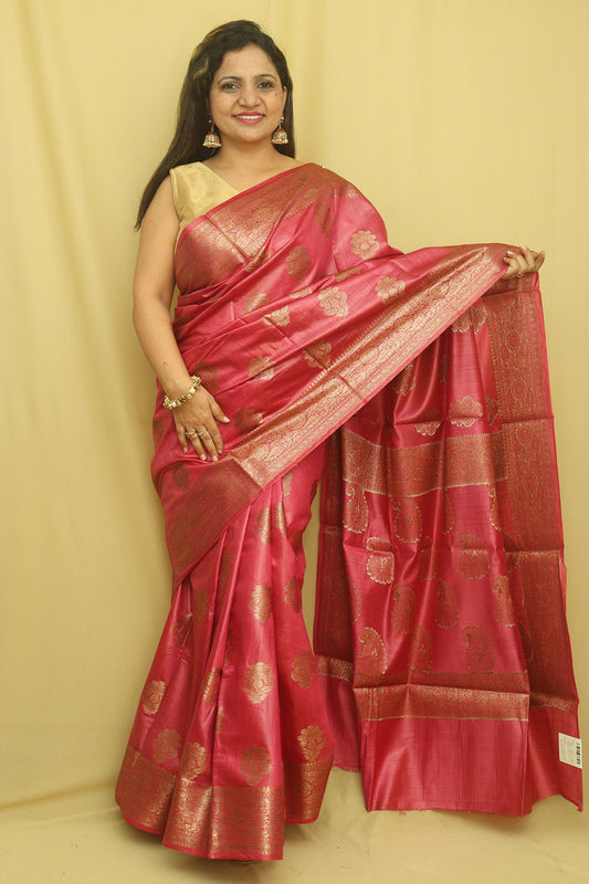 Pinkish Red Bhagalpur Tussar Moonga Silk Saree