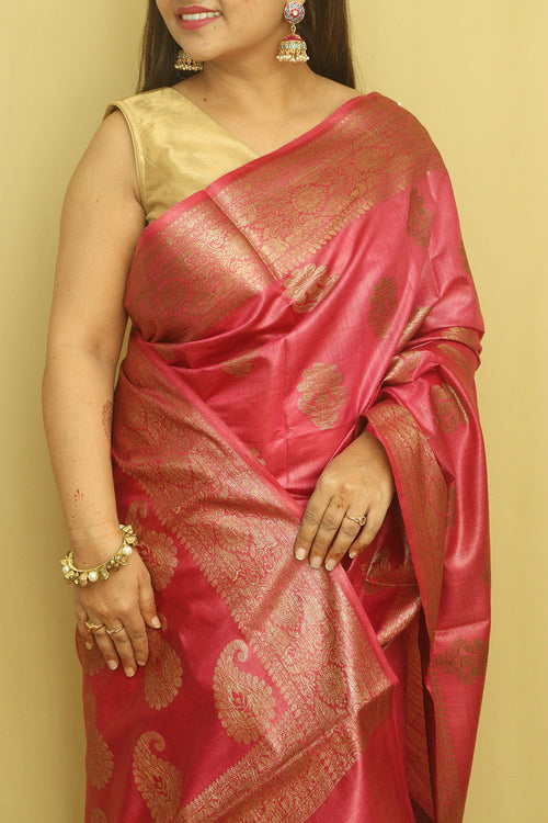 Pinkish Red Bhagalpur Tussar Moonga Silk Saree - Luxurion World
