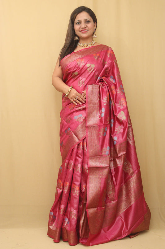 Pink Bhagalpur Tussar Moonga Silk Saree
