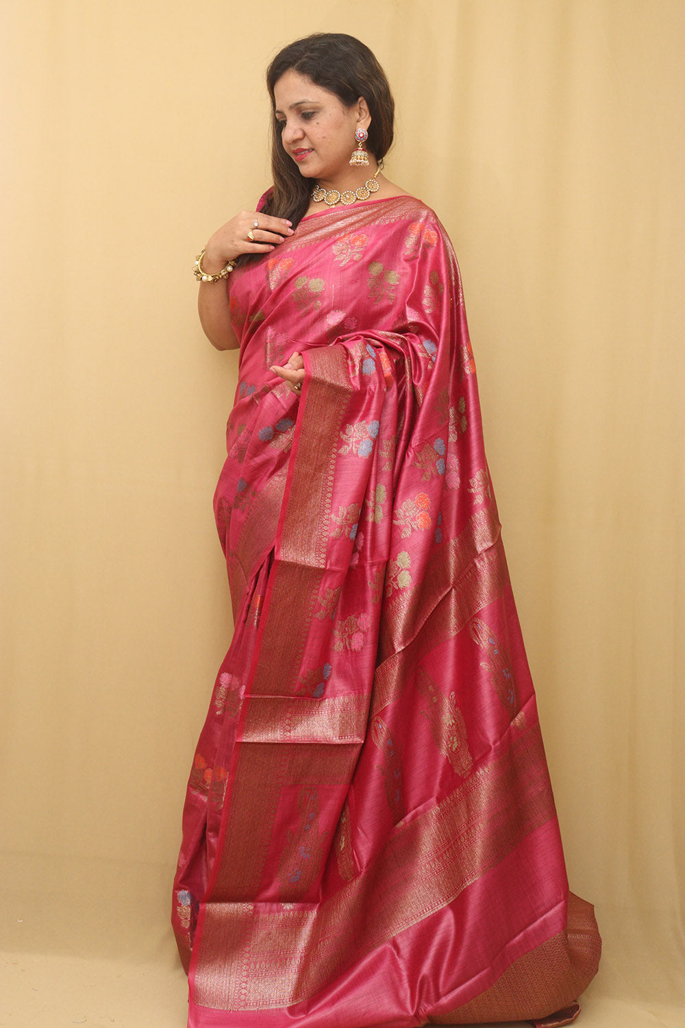 Pink Bhagalpur Tussar Moonga Silk Saree - Luxurion World