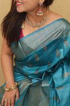 Blue Bhagalpur Tussar Moonga Silk Saree - Luxurion World