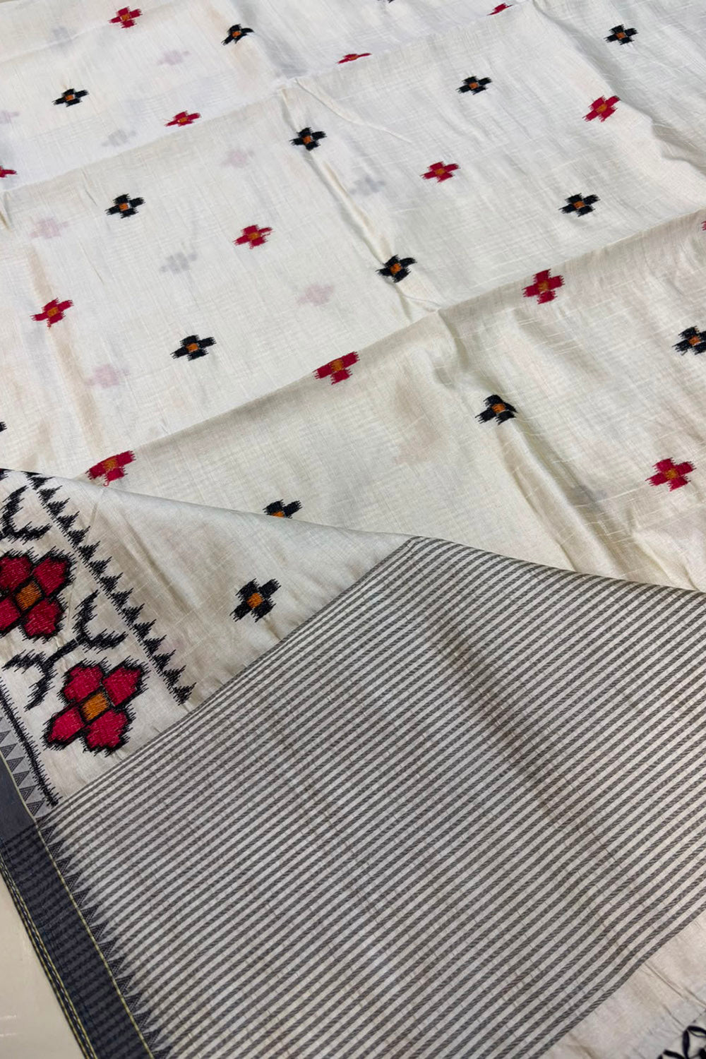 White Bhagalpur Embroidered Tussar Silk Saree