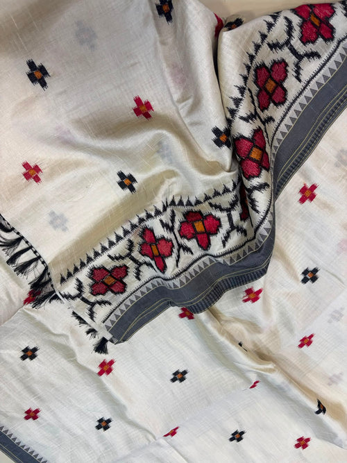 White Bhagalpur Embroidered Tussar Silk Saree