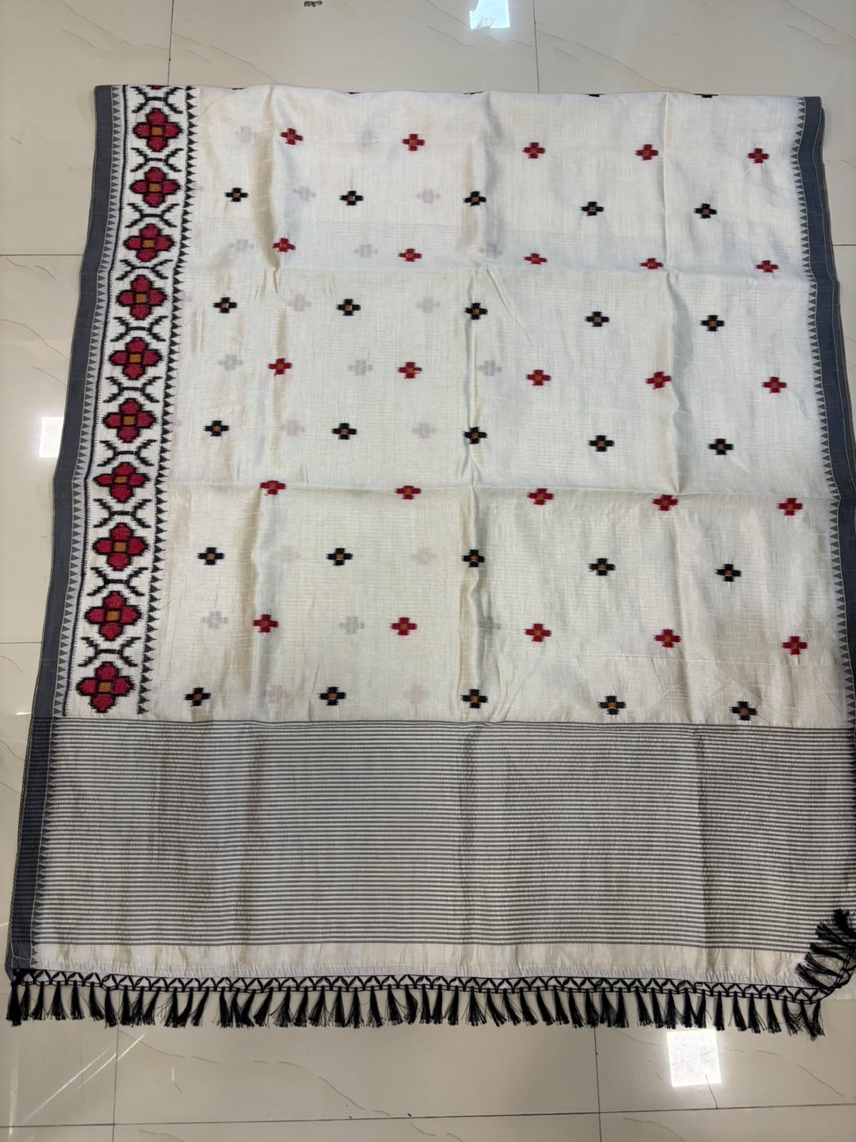 White Bhagalpur Embroidered Tussar Silk Saree