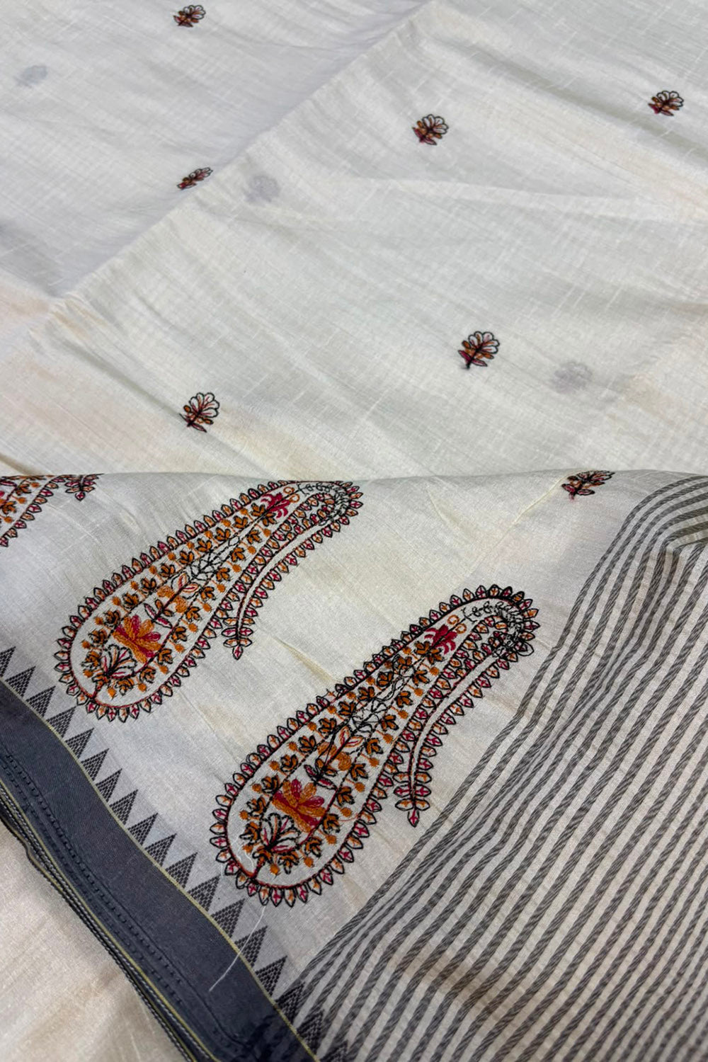 White Bhagalpur Embroidered Tussar Silk Saree