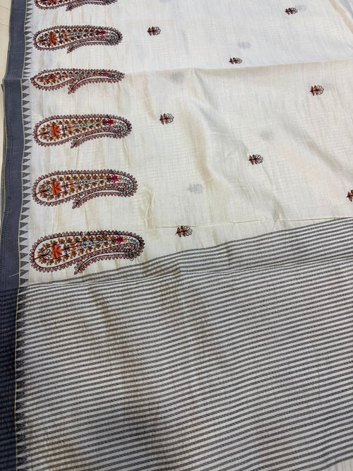 White Bhagalpur Embroidered Tussar Silk Saree