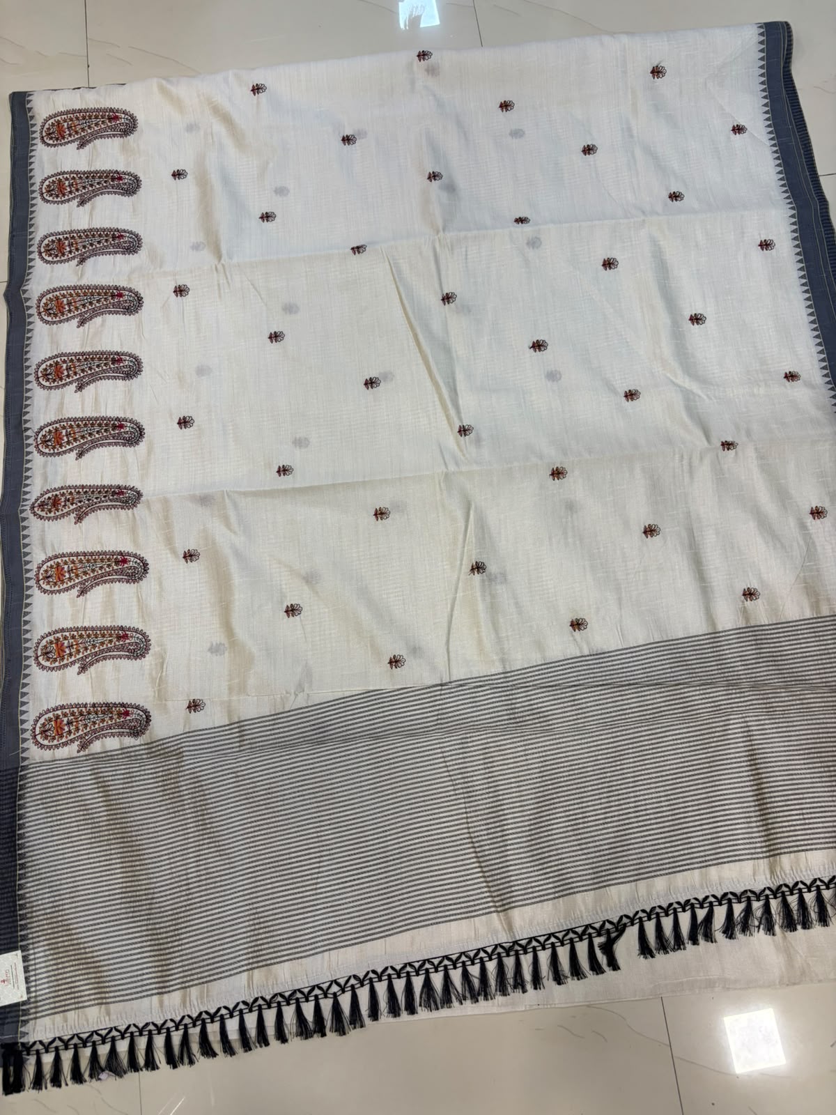 White Bhagalpur Embroidered Tussar Silk Saree