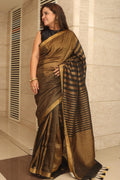 Elegant Black And Golden Bhagalpur Linen Stipes Design Saree - Luxurion World