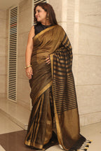 Elegant Black And Golden Bhagalpur Linen Stipes Design Saree - Luxurion World