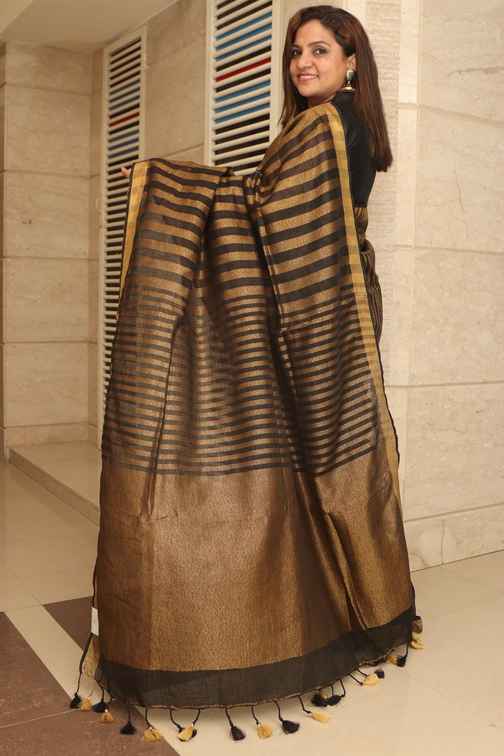 Elegant Black And Golden Bhagalpur Linen Stipes Design Saree - Luxurion World