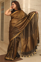 Elegant Black And Golden Bhagalpur Linen Stipes Design Saree - Luxurion World