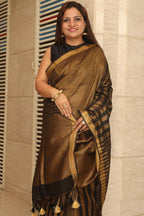 Elegant Black And Golden Bhagalpur Linen Stipes Design Saree - Luxurion World
