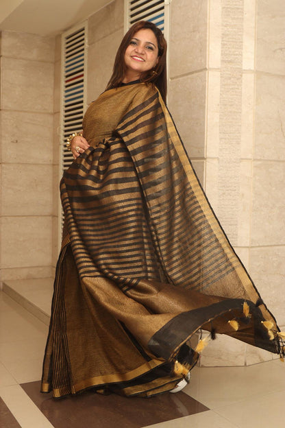 Elegant Black And Golden Bhagalpur Linen Stipes Design Saree - Luxurion World