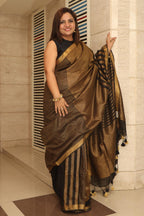 Elegant Black And Golden Bhagalpur Linen Stipes Design Saree - Luxurion World
