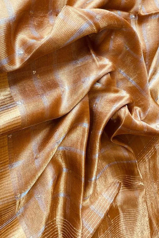 Golden Tussar Tissue Silk Checkard Design Handloom Bhagalpur Saree - Luxurion World