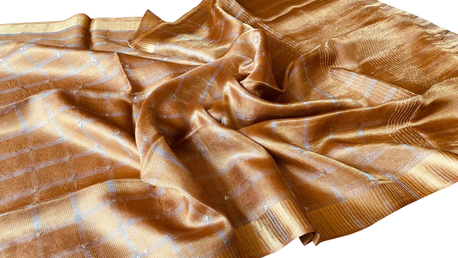Golden Tussar Tissue Silk Checkard Design Handloom Bhagalpur Saree - Luxurion World