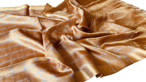 Golden Tussar Tissue Silk Checkard Design Handloom Bhagalpur Saree - Luxurion World