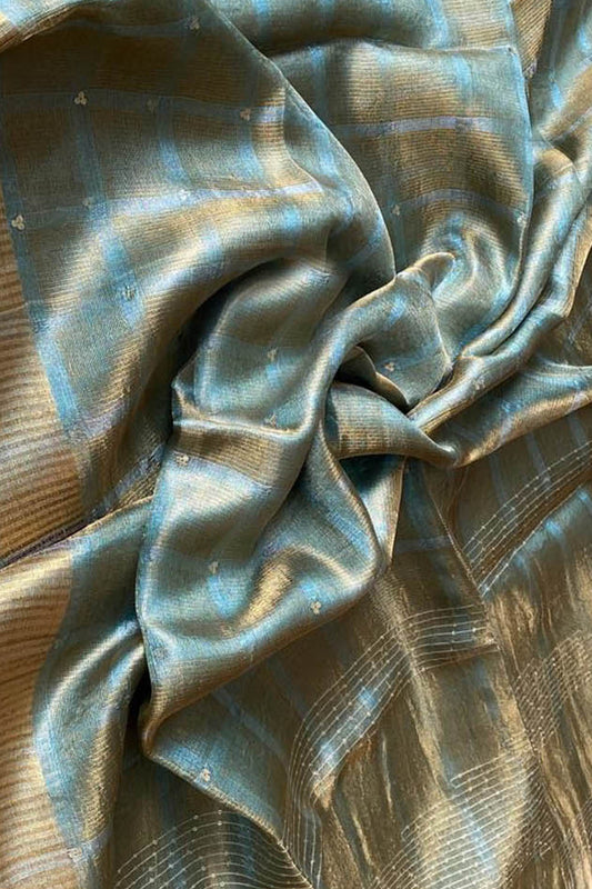 Elegant Blue Tussar Tissue Silk Checkard Design Handloom Bhagalpur Saree - Luxurion World