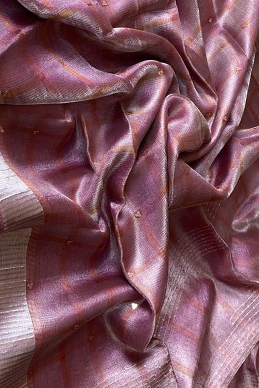 Pink Tussar Tissue Silk Checkard Design Handloom Bhagalpur Saree - Luxurion World